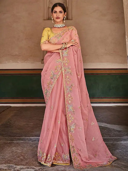 Pink Organza Elephant-Bird Motif Saree with Art Silk Yellow Blouse and Zari, Mirror, Thread Embroidery