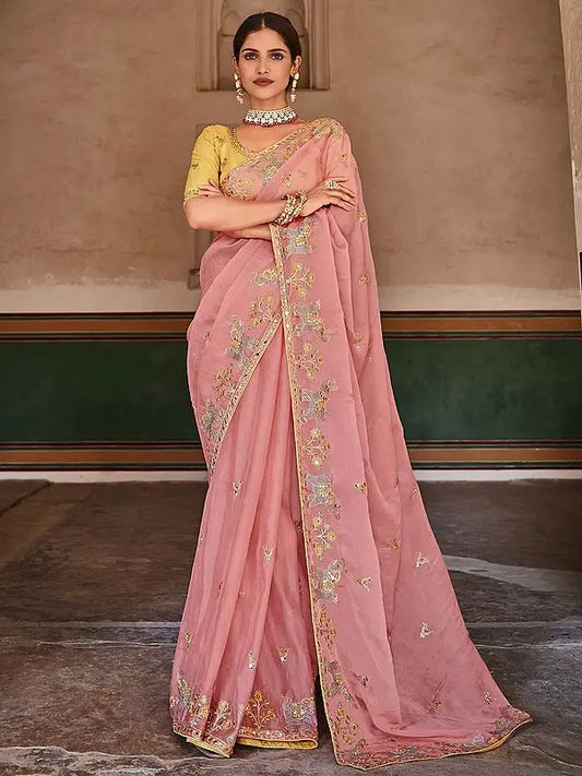 Pink Organza Elephant-Bird Motif Saree with Art Silk Yellow Blouse and Zari, Mirror, Thread Embroidery