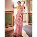 Pink Organza Elephant-Bird Motif Saree with Art Silk Yellow Blouse and Zari, Mirror, Thread Embroidery