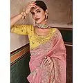 Pink Organza Elephant-Bird Motif Saree with Art Silk Yellow Blouse and Zari, Mirror, Thread Embroidery