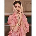 Pink Organza Elephant-Bird Motif Saree with Art Silk Yellow Blouse and Zari, Mirror, Thread Embroidery