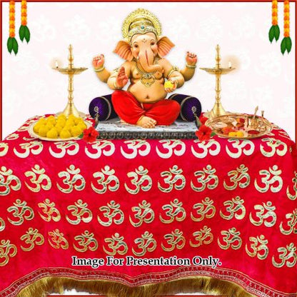Blissful Om Table Cloth, Divine Om Decor Velvet Red Shawl for God & Goddess