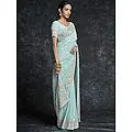 Georgette Pinstripe Pattern Thread-Sequins Heavy Embroidered Saree with Meena Floral Border