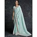 Georgette Pinstripe Pattern Thread-Sequins Heavy Embroidered Saree with Meena Floral Border