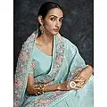 Georgette Pinstripe Pattern Thread-Sequins Heavy Embroidered Saree with Meena Floral Border