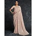 Georgette Pinstripe Pattern Thread-Sequins Heavy Embroidered Saree with Meena Floral Border
