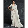 Georgette Pinstripe Pattern Thread-Sequins Heavy Embroidered Saree with Meena Floral Border