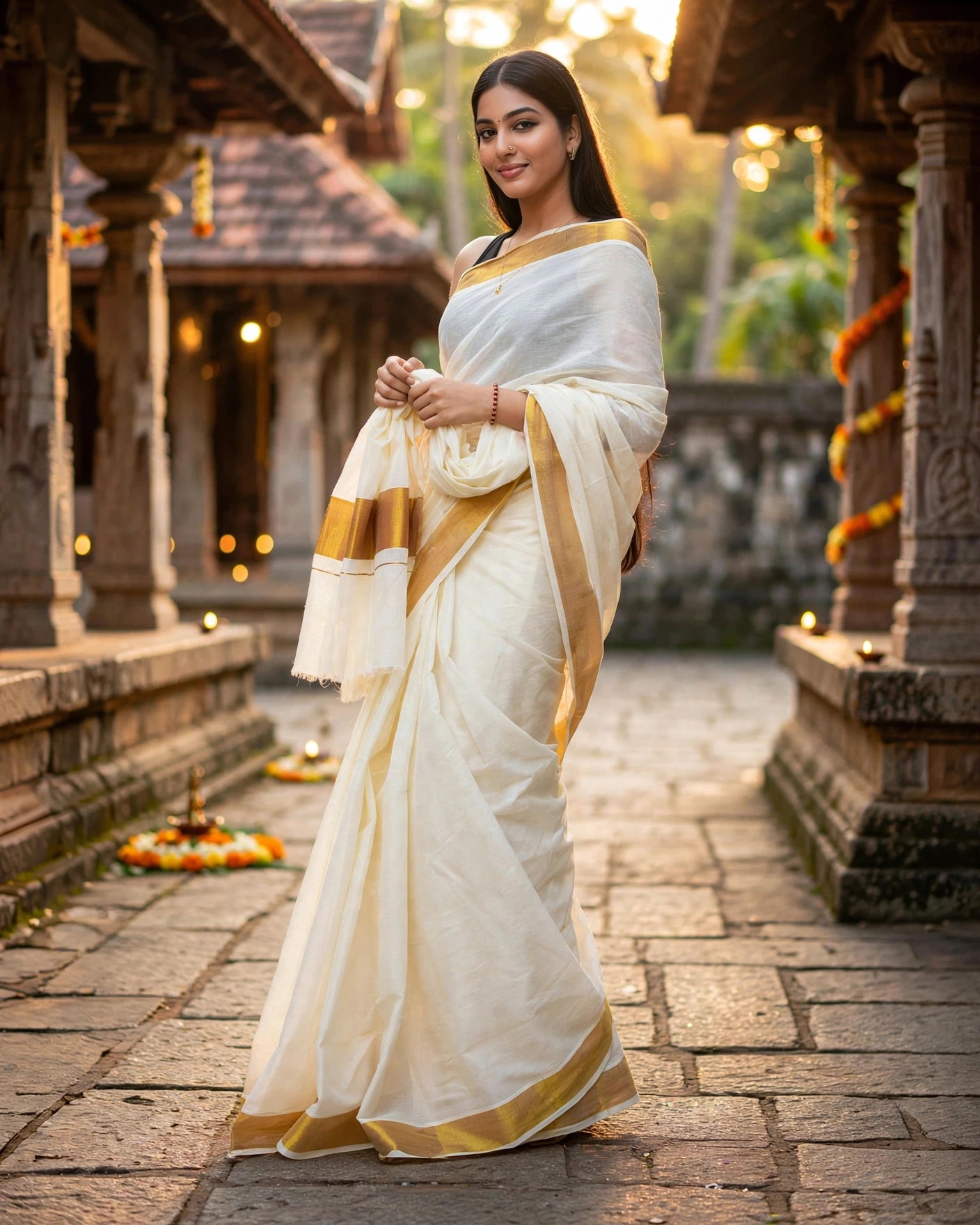 A woman wearing a white silk saree with gold borders stands in a stone corridor decorated with warm lights and flowers.