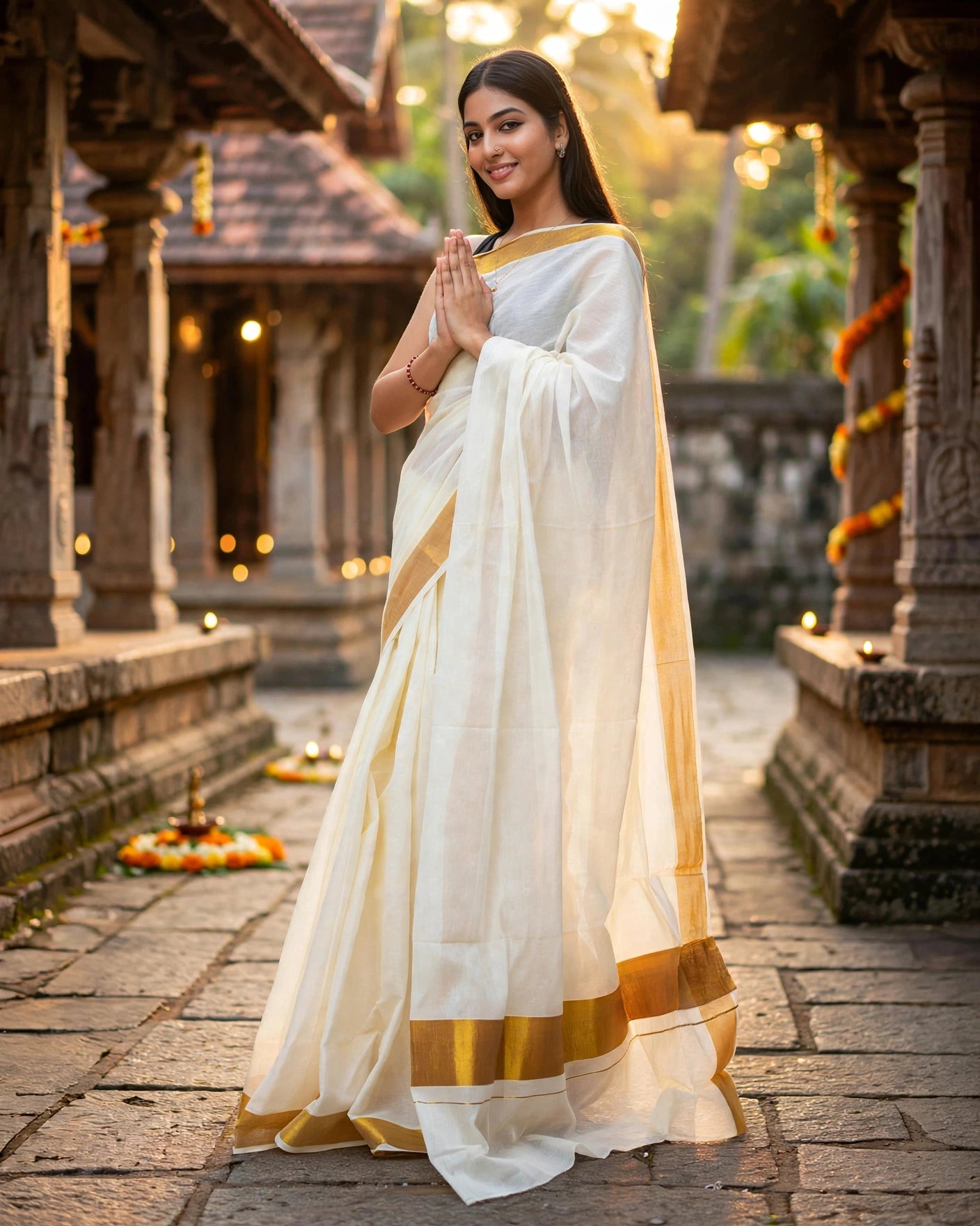 A woman wearing a white saree with gold borders stands in a stone corridor at dusk, with her hands pressed together in a respectful gesture. The background features warm lighting and traditional architectural details.