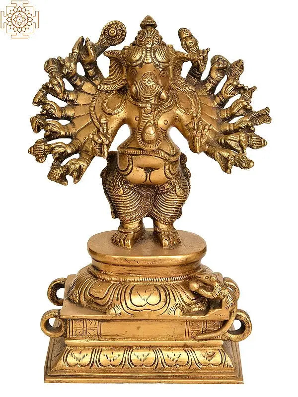 8" Sixteen-Armed Vira-Ganesha Brass Sculpture | Handmade | Made in India