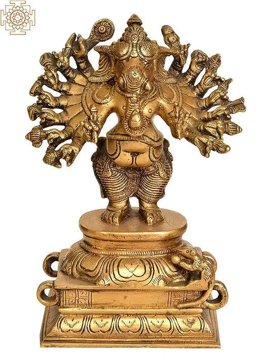 8" Sixteen-Armed Vira-Ganesha Brass Sculpture | Handmade | Made in India